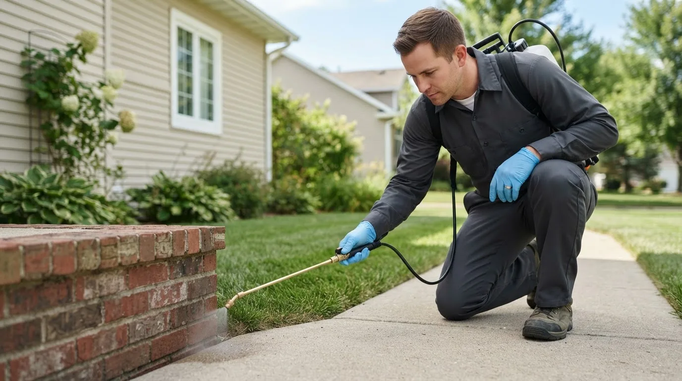 Pest control technician treating a home near Broadview Heights, OH